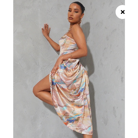 Multi Marble Print Satin Ruched Skirt Corset Detail Midi Dress size 6 - Picture 4 of 12